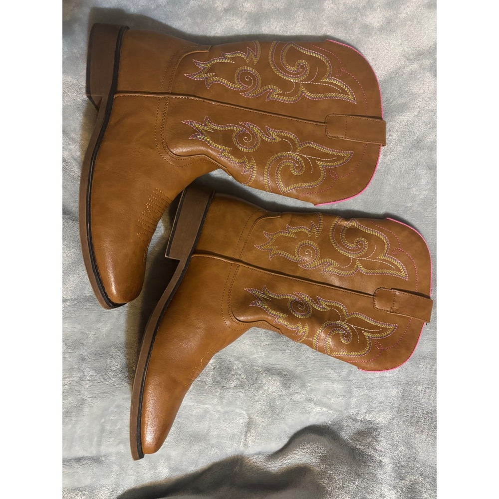 ILV WanderingWestern Tan Faux Leather Cowboy Boots Square Toe Pink Embroidery 11